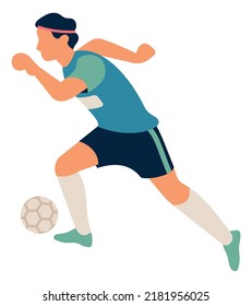 Soccer player running and carrying ball. Dribbling concept