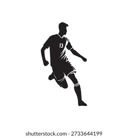 Soccer player running, dribbling ball, sports action, number thirteen on jersey, isolated on white background.