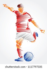 Soccer player running to kick the ball made of colorful brushstrokes on light background