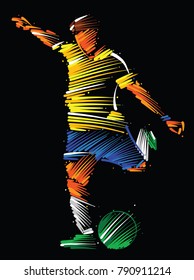 soccer player running to kick the ball made of colorful brushstrokes on dark background