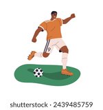 Soccer player running, kicking ball. Black man athlete playing football, field sport game. Happy professional sportsman training on lawn. Flat graphic vector illustration isolated on white background