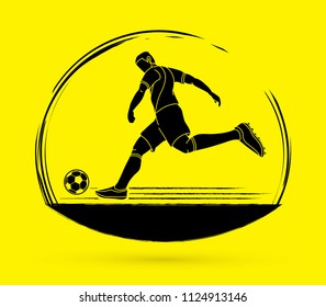 Soccer player running and kicking a ball action graphic vector