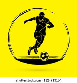 Soccer player running and kicking a ball action graphic vector