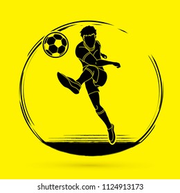 Soccer player running and kicking a ball action graphic vector