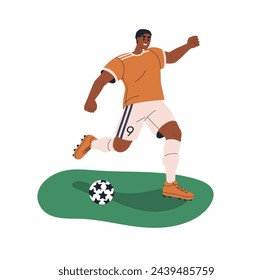 Soccer player running, kicking ball. Black man athlete playing football, field sport game. Happy professional sportsman training on lawn. Flat graphic vector illustration isolated on white background