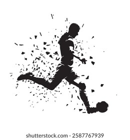 Soccer player running and kicking ball, isolated vector silhouette, side view. Footballer, high contrast clipart