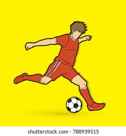 Soccer player running and kicking a ball action graphic vector