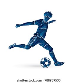 Soccer player running and kicking a ball action designed using grunge brush graphic vector