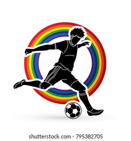 Soccer player running and kicking a ball action designed on line rainbows background graphic vector