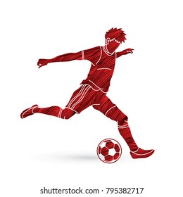 Soccer player running and kicking a ball action designed using grunge brush graphic vector