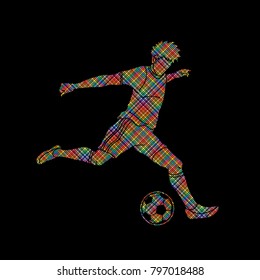 Soccer player running and kicking a ball action designed using dots pixels graphic vector
