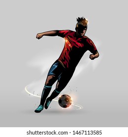 soccer player running step foward with soccer ball on gray background