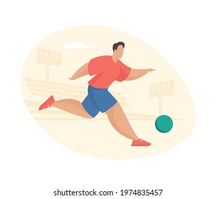 Soccer player runs with ball in stadium. Athlete actively rushes to opponents goal. Willingness shoot free kick crucial moment in game. World championship. Vector cartoon illustration