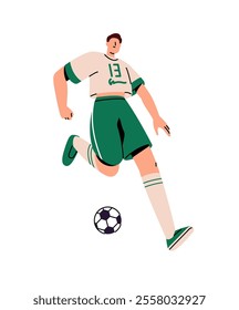 Soccer player runs, kicks, hits ball with his foot. Sportsman in uniform rushing to goal, win in sport game. Professional athlete plays football. Flat isolated vector illustration on white background