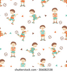 Soccer player seamless pattern in vintage colors. Vector flat cartoon illustration 