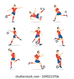 Soccer player set with ball on white.