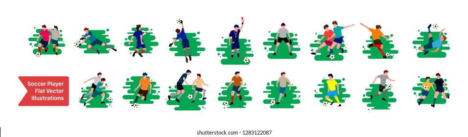 Soccer Player Set. Flat Football Players Collection. Free Kick, Goalkeeper, Judge, Pass Illustrations - Vector