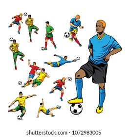 Soccer player set with the player kicks the ball, dribbles, dribbles, passes, the goalkeeper catches the ball, the player stands tall illustration with colours.