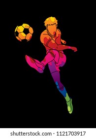 Soccer player shooting a ball action designed using colorful graphic vector.