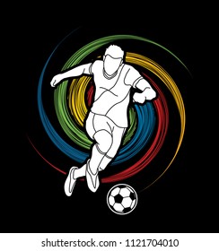 Soccer player shooting a ball action designed on spin wheel graphic vector