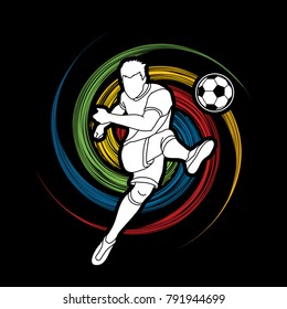 Soccer player shooting a ball action designed on spin wheel background graphic vector