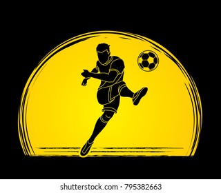 Soccer player shooting a ball action designed on sunset background graphic vector