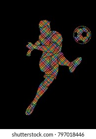 Soccer player shooting a ball action designed using dots pixels graphic vector