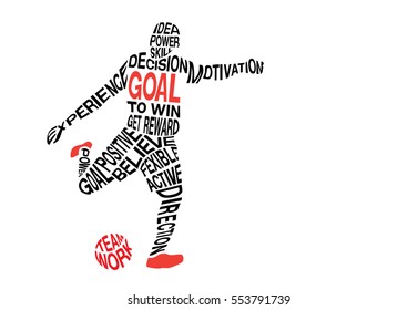 Soccer player shooting a ball in graphic style from word concept. Goal word and teamwork is red color.