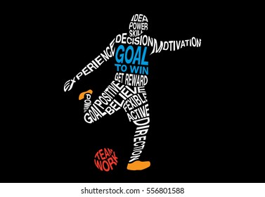 Soccer player shooting a ball in graphic style from word concept. Goal to win word is blue color.
