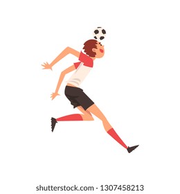 Soccer Player Shooting Ball with Head, Football Player Character in Uniform Vector Illustration