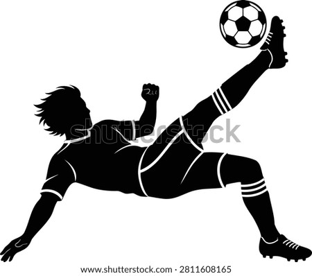 Soccer player silhouette, soccer athlete making an overhead bicycle kick, dynamic sport action graphic design element, collection