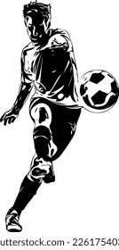 Silueta de jugador de fútbol, ilustración en blanco y negro de jugador de fútbol, emblema del logo del jugador de fútbol, monograma deportivo