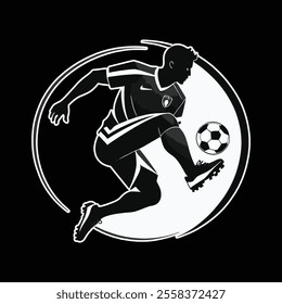 Soccer player silhouette dynamic pose kicking ball circular logo design