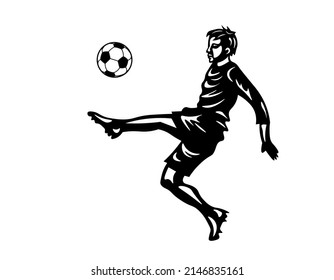 Soccer player silhouette. Flat black figure kicking the ball in the air and going to pass or strike a goal.