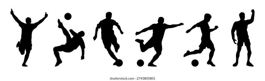 Soccer player silhouette illustration. Vector set of football or soccer players.