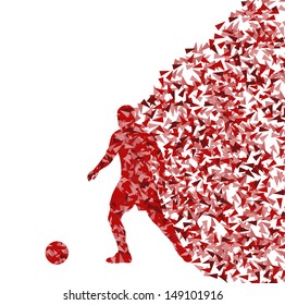 Soccer player silhouette made of triangle fragments vector abstract background