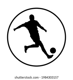 Soccer player silhouette vector illustration isolated on white background. Sportsman football player kick a ball. Goal scorer attack situation.