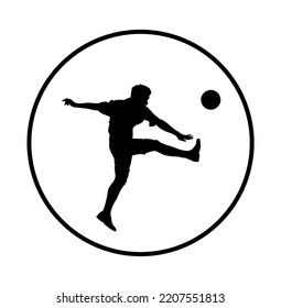 Soccer player silhouette vector illustration isolated on white background. Sportsman football player kick a ball. Goal scorer attack situation. Banner emblem or sticker.