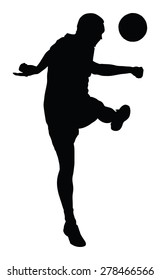 Soccer player silhouette vector isolated on white background. High detailed football player silhouette cutout outlines. Kicking a ball.