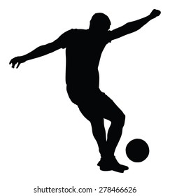 Soccer player silhouette vector isolated on white background. High detailed football player silhouette cutout outlines. Kicking a ball.