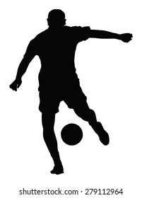 Soccer player silhouette vector isolated on white background. High detailed football player silhouette cutout outlines. Kicking a ball.