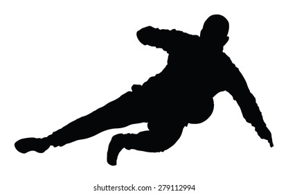 Soccer player silhouette vector isolated on white background. High detailed football player silhouette cutout outlines. Defense situation, goalkeeper.