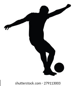 Soccer player silhouette vector isolated on white background. High detailed football player silhouette cutout outlines. Kicking a ball.