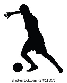 Soccer player silhouette vector isolated on white background. High detailed football player silhouette cutout outlines. Dribbling situation.