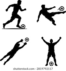 Soccer player silhouette vector set. Action football player dribbling, bicycle kick, diving goalkeeper save, and victory celebration.