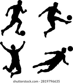 Soccer player silhouette vector set. Football player dribbling, high volley kick, diving header shot, and jumping goal celebration.