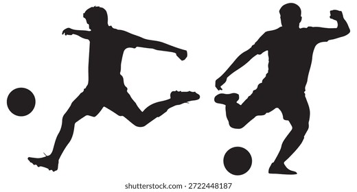 "Soccer Player Silhouette Vektor - Zwei schwarze Action-Posen mit Kicking Motion und Ball"