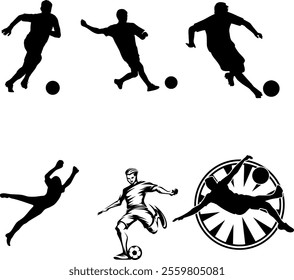 Soccer Player Silhouettes and Dynamic Football, A collection of vector illustrations featuring soccer player silhouettes and dynamic football action poses. Includes players kicking the ball,