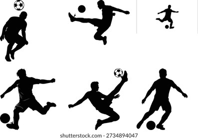 Soccer player silhouettes, dynamic poses and ball control