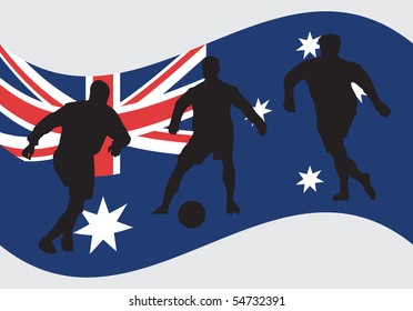 Soccer player silhouettes in front of Australian flag